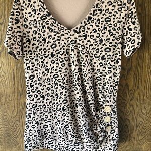 Leopard Print V-Neck Top with Button Detail